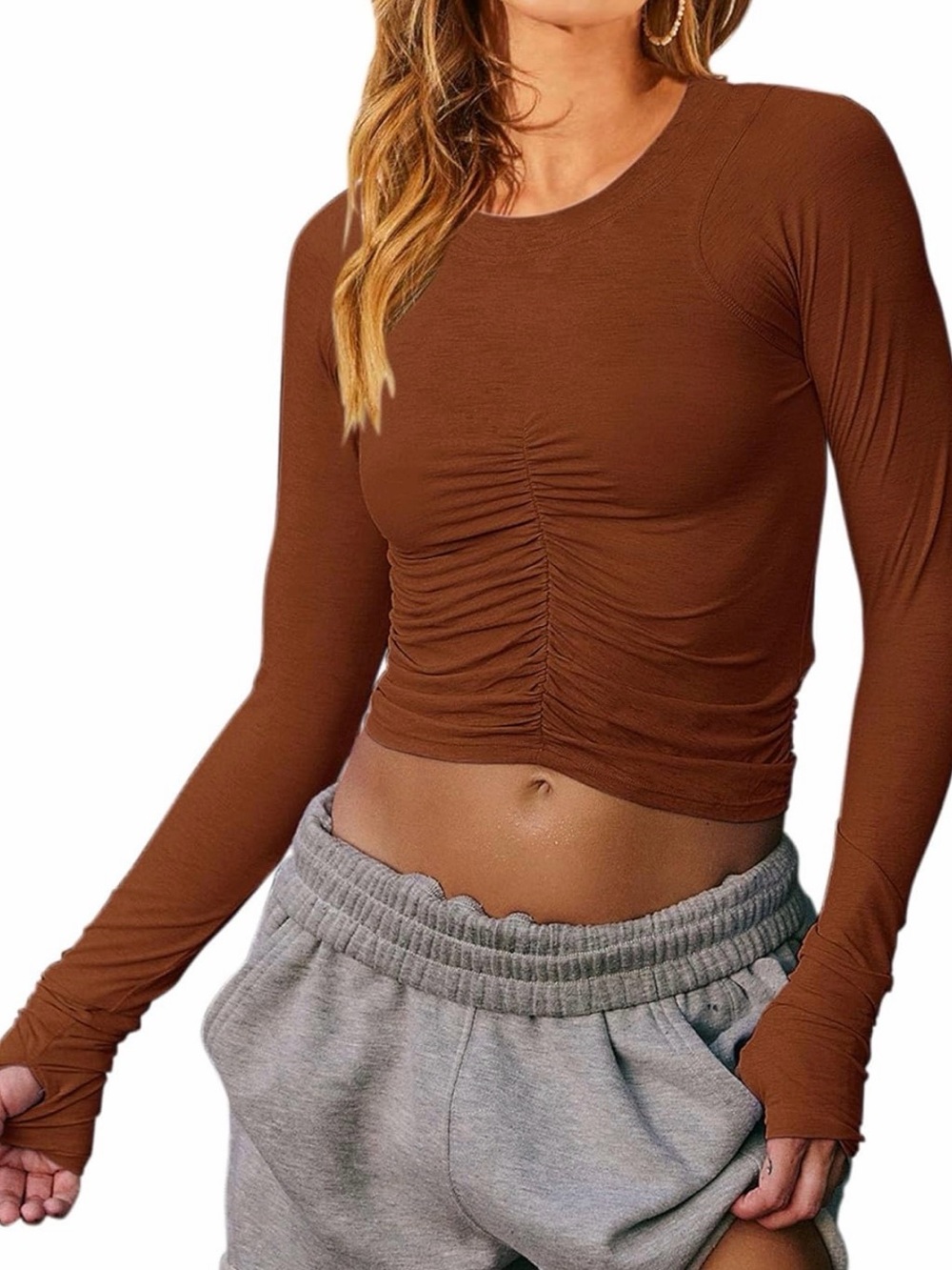 Women’s Ruched Long Sleeve Crop Top - Brown